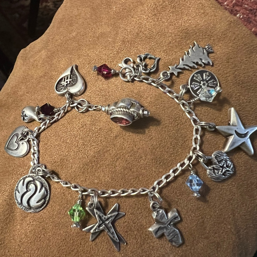 Sterling Silver Multi-Charm Bracelet with Colored Crystal Accents
